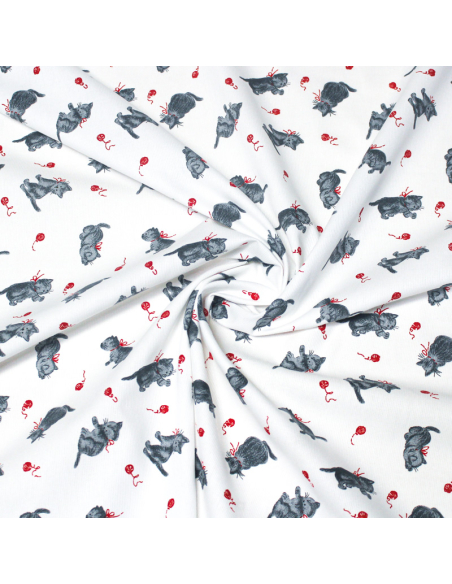 Piqué 100% coton milleraies - Chat et pelote de laine rouge