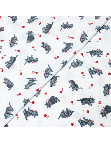 Piqué 100% coton milleraies - Chat et pelote de laine rouge