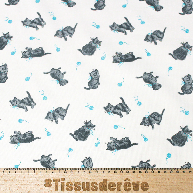 Piqué 100% coton milleraies - Chat et pelote de laine bleu