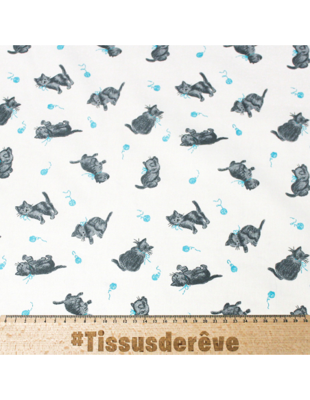 Piqué 100% coton milleraies - Chat et pelote de laine bleu