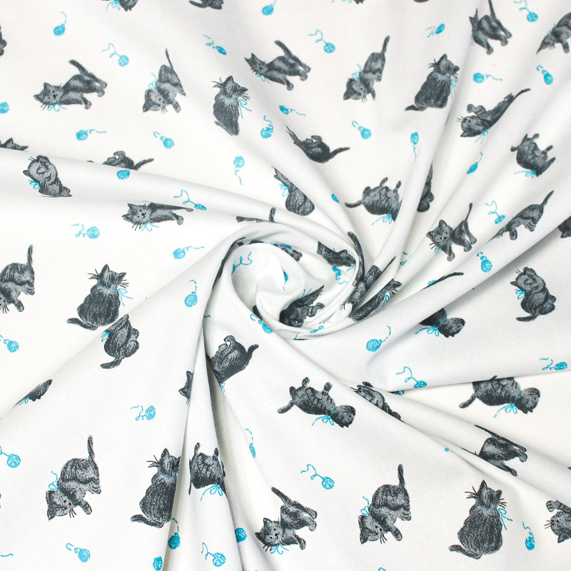 Piqué 100% coton milleraies - Chat et pelote de laine bleu