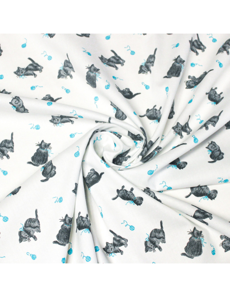 Piqué 100% coton milleraies - Chat et pelote de laine bleu