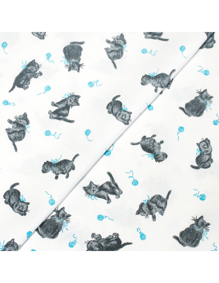 Piqué 100% coton milleraies - Chat et pelote de laine bleu