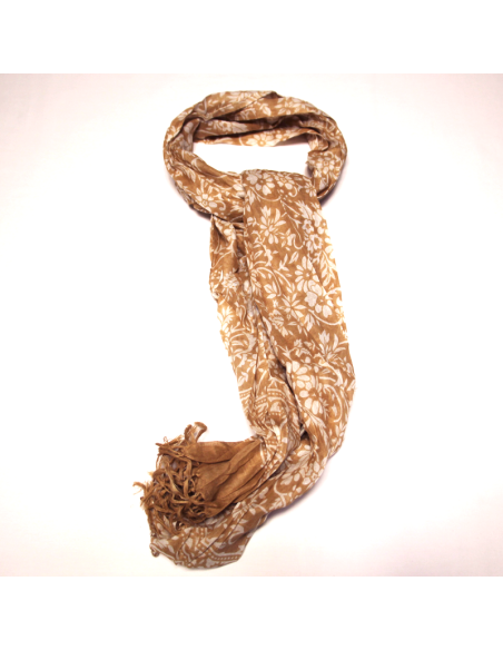 Étole 100% coton - Fleuri blanc fond camel