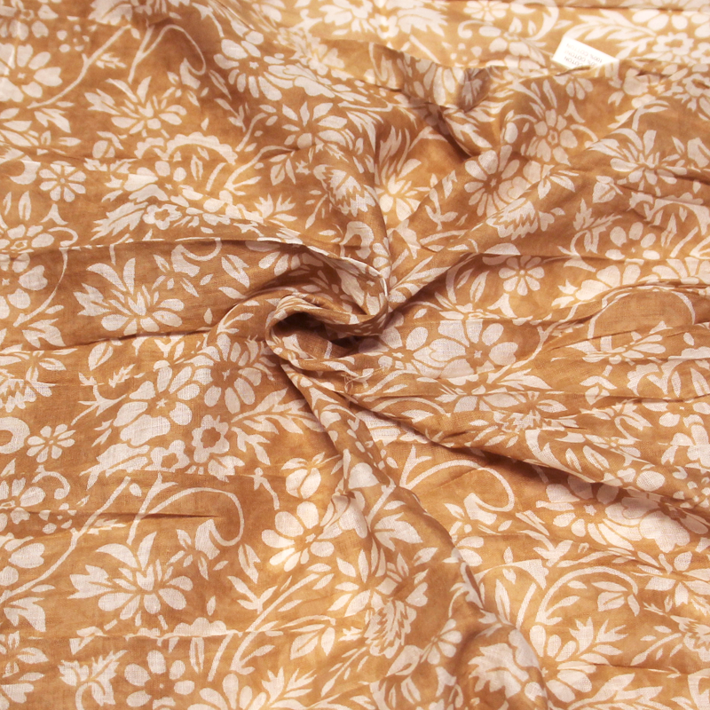 Étole 100% coton - Fleuri blanc fond camel