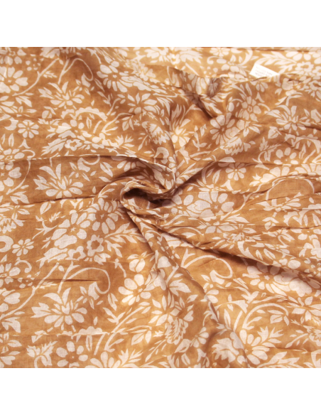Étole 100% coton - Fleuri blanc fond camel