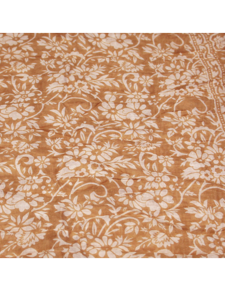 Étole 100% coton - Fleuri blanc fond camel