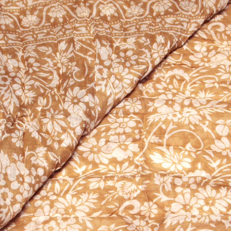 Étole 100% coton - Fleuri blanc fond camel