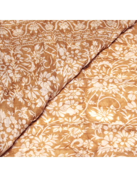 Étole 100% coton - Fleuri blanc fond camel