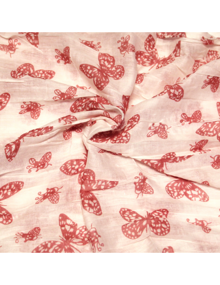 Étole 100% coton - Papillon rouge rosé fond blanc