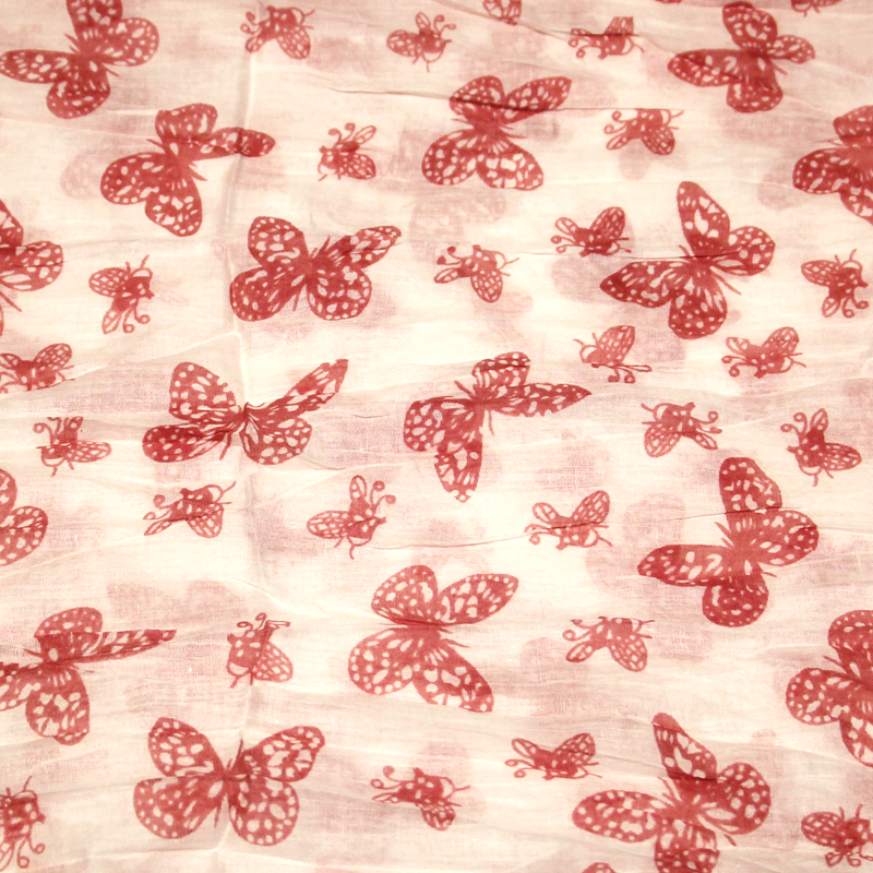 Étole 100% coton - Papillon rouge rosé fond blanc