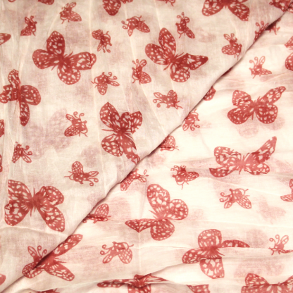 Étole 100% coton - Papillon rouge rosé fond blanc 2