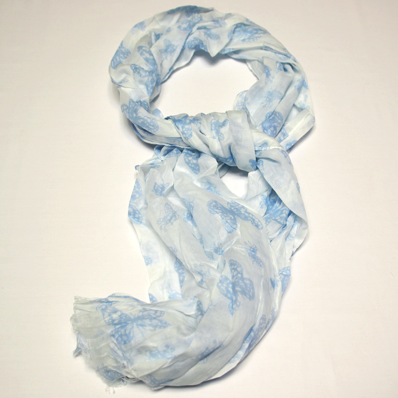 Étole 100% coton - Papillon bleu fond blanc