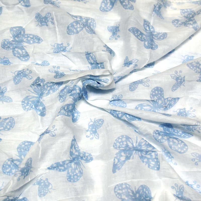 Étole 100% coton - Papillon bleu fond blanc