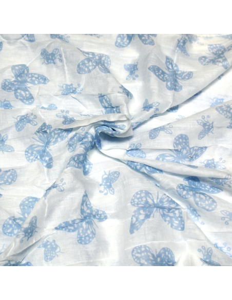 Étole 100% coton - Papillon bleu fond blanc