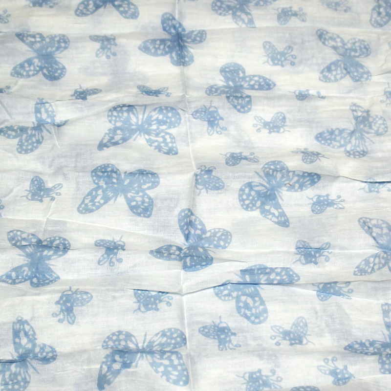 Étole 100% coton - Papillon bleu fond blanc