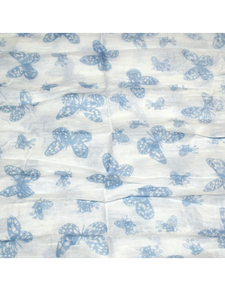 Étole 100% coton - Papillon bleu fond blanc