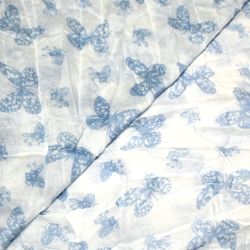 Étole 100% coton - Papillon bleu fond blanc