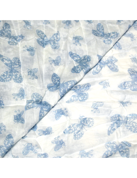 Étole 100% coton - Papillon bleu fond blanc