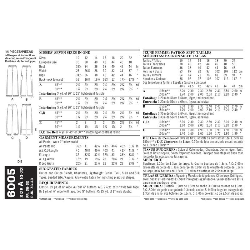 Patron New Look 6005 - Pantalon