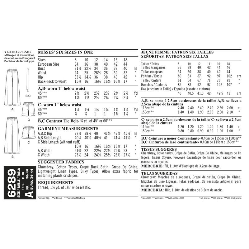 Patron New Look 6289 - Short et pantalon