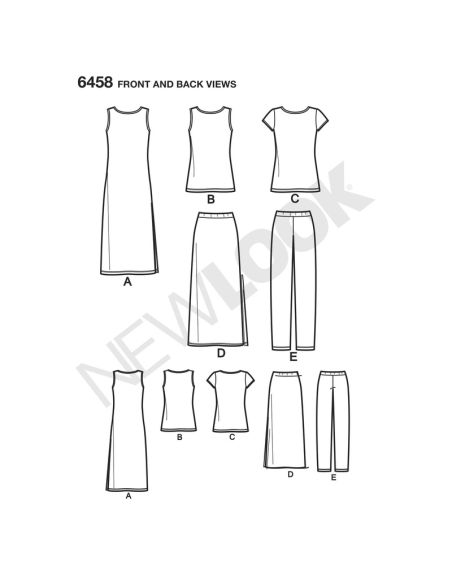 Patron New Look 6458 - Robe, tee shirt, pantalon, jupe