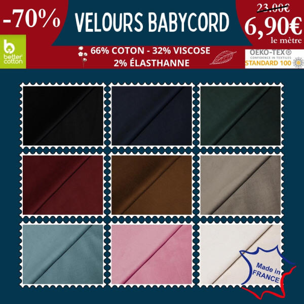 Velours babycord tissé en France à 6,90€ le mètre à -70% - 25 coloris
