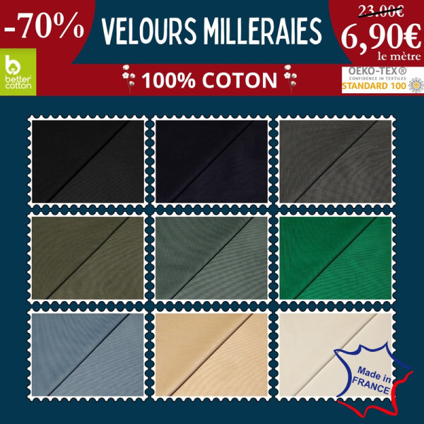 Velours côtelé milleraies tissé en France à 6,90€ le mètre à -70% I 13 nouveaux coloris