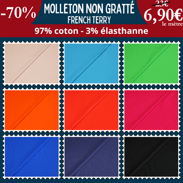 Molleton non gratté (French Terry) 6,90€ le mètre à -70 % | Une quarantaine de couleurs