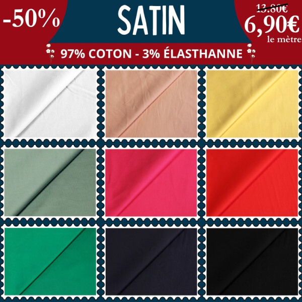 Satin de coton & élasthanne uni à 6,90€ le mètre -50% - 1️⃣5️⃣ coloris disponibles