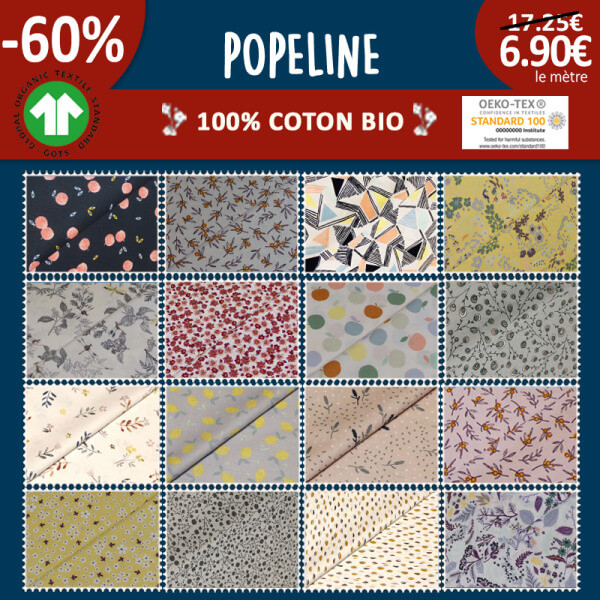 Popeline 100% coton bio (GOTS) à 6,90€ le mètre -60% | 28 coloris