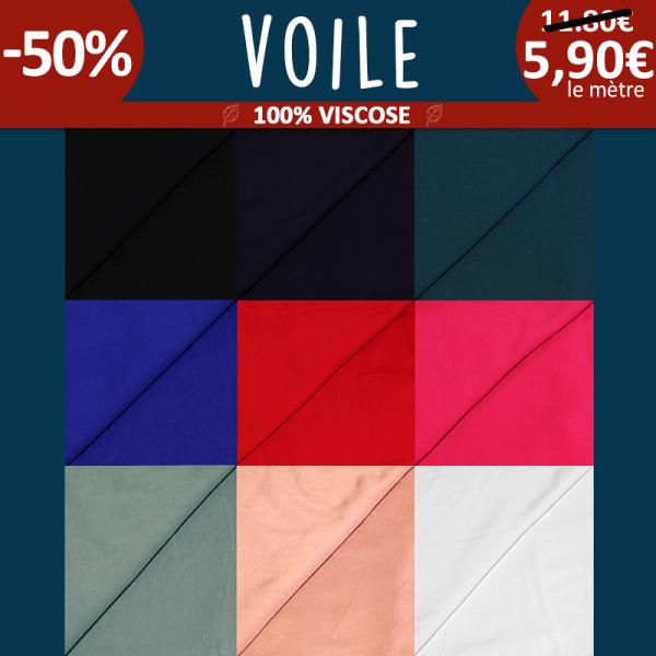 Voile 100% viscose à 5,90€ le mètre -50% ! 9 coloris disponibles