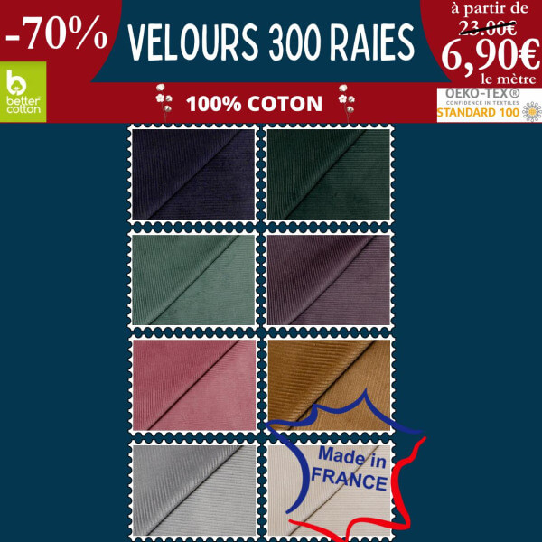 Velours côtelé 300 raies à partir de  6,90€ le mètre