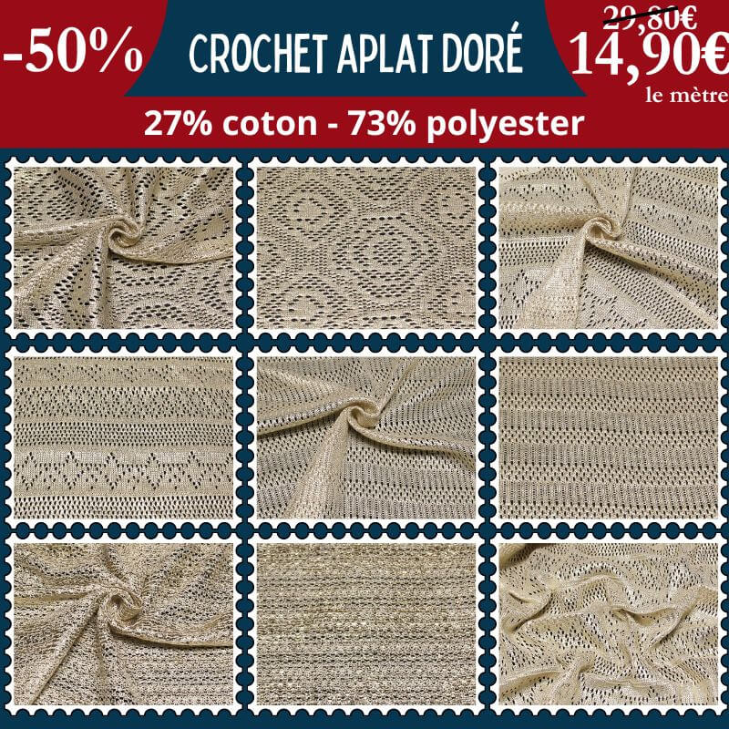 Crochet aplat doré à 14,90€ le mètre à -50 % | 4 dessins disponibles