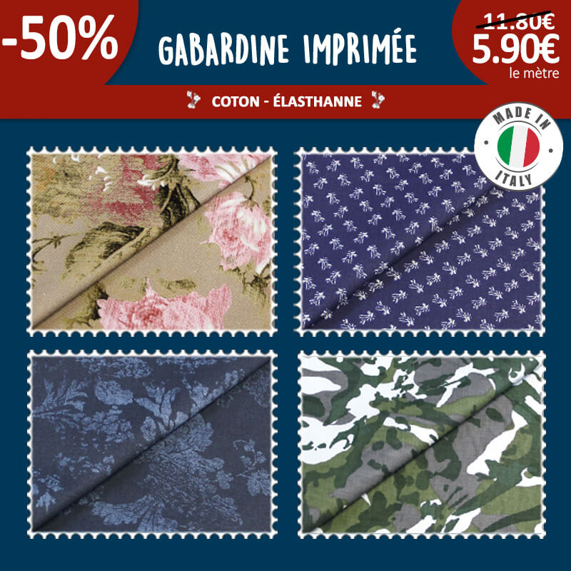 50% | Gabardine imprimée à 5,90€ le mètre - 5 nouveaux modèles