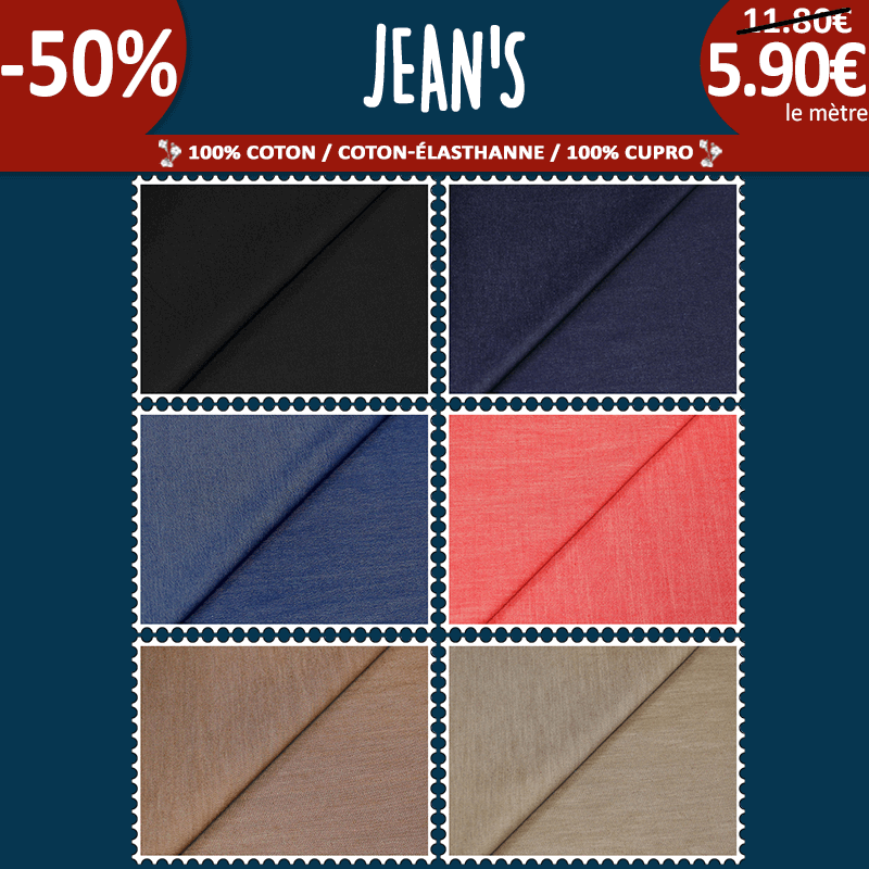 -50% | Jean's uni à 5,90€ le mètre - 9 nouveaux coloris